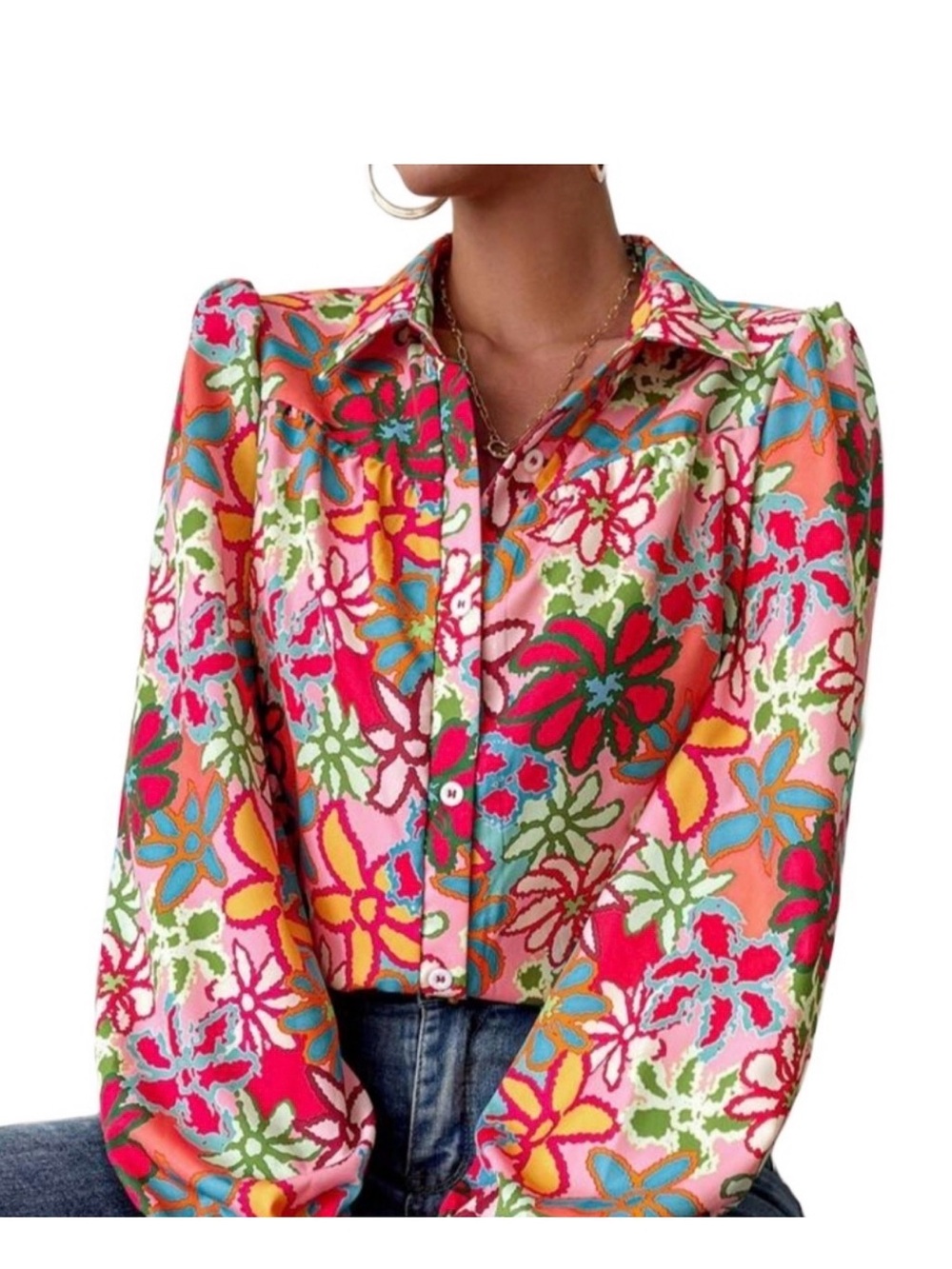 SHEIN Coral Pink Multi-Color Floral Button-Down Shirt